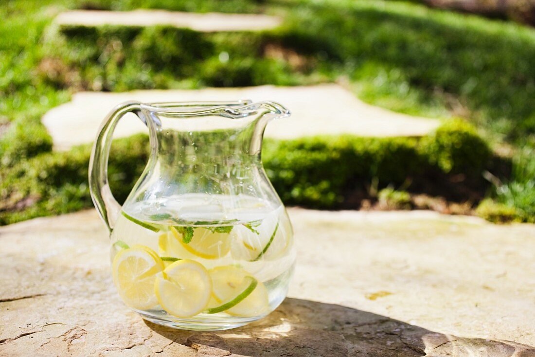 Ein Krug Wasser mit in Eiswürfeln eingefrorenen Zitronen- und Limettenscheiben