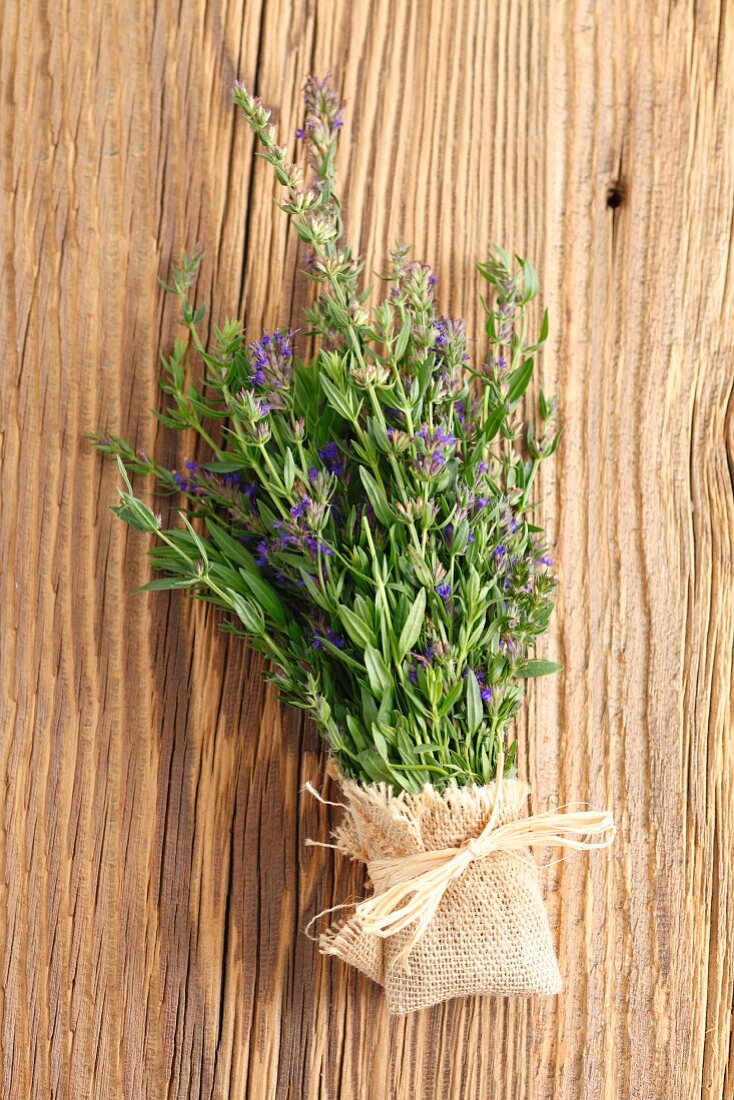 Fresh hyssop with flowers on a wooden surface