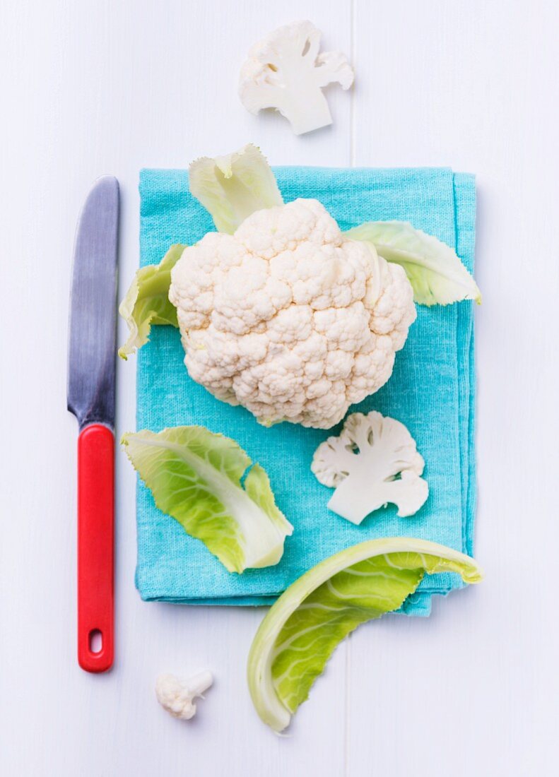 Cauliflower on a turquoise cloth, with a knife to one side