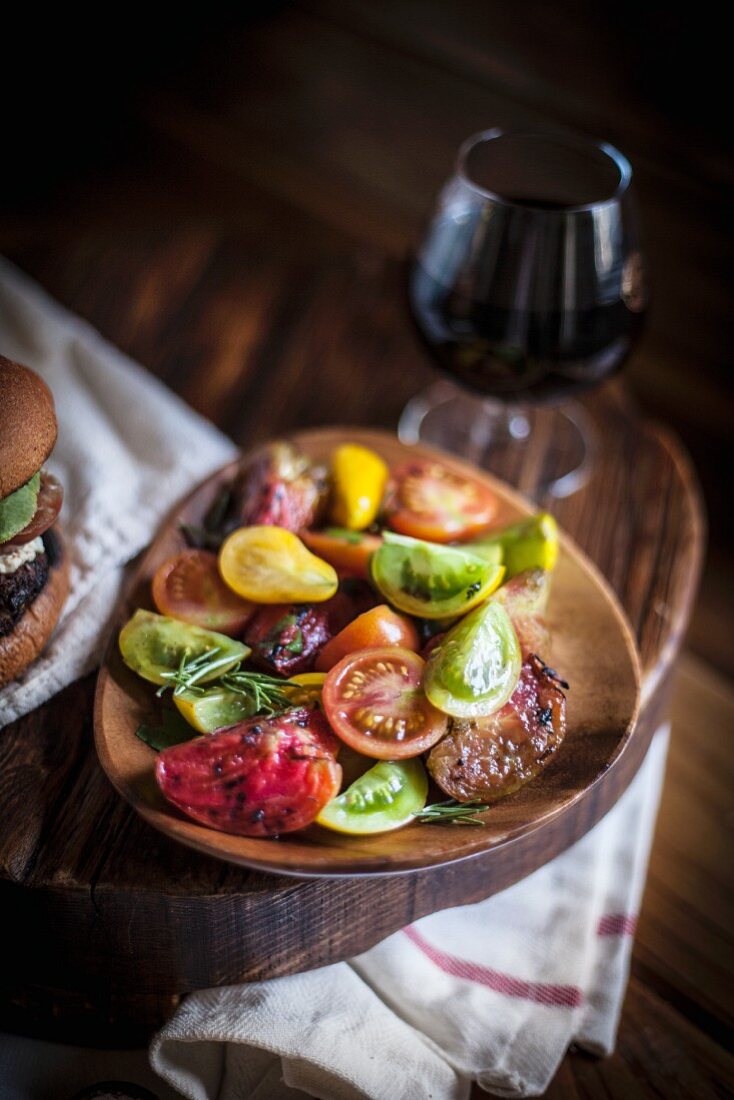 Colourful Tomato Salad with a Glass of Wine