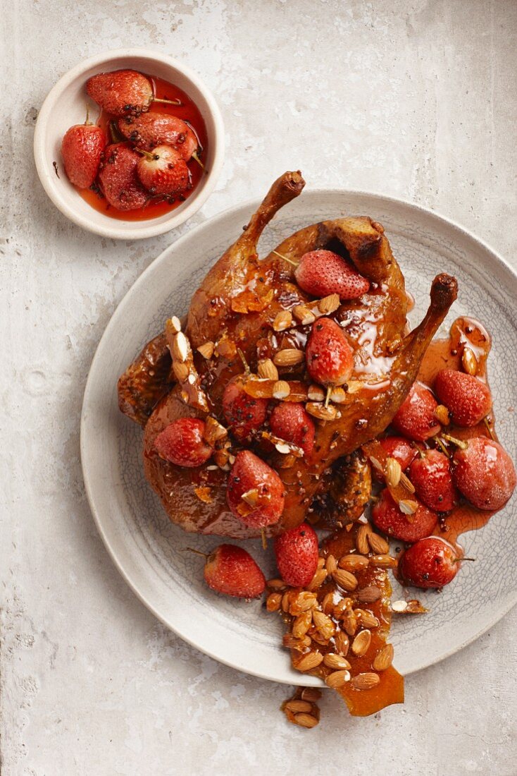 Roast duck with strawberry & Szechuan pepper confit and almond brittle