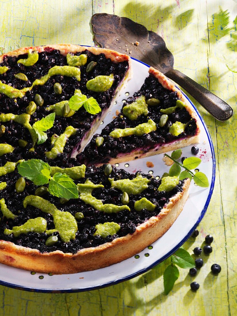 Blueberry and pistachio tart with mint pesto