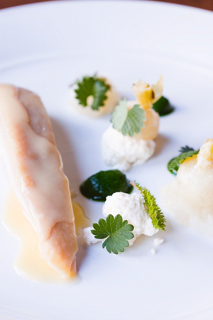 Poached Chicken, Fresh Cheese Curds, Crushed Turnips and Arugula Sauce