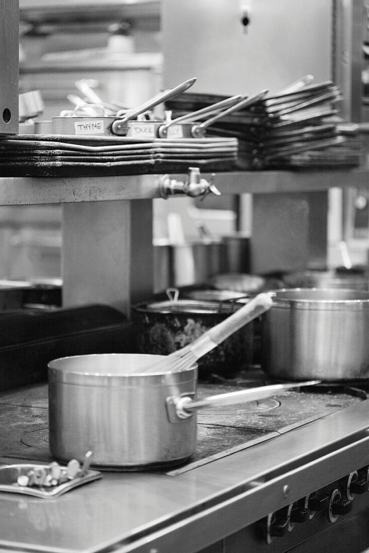 Black and White Commercial Kitchen Scene