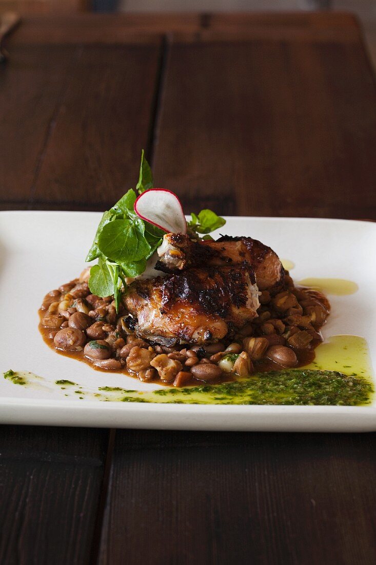 Grilled Chicken with Beans, Radish, Parsley and Arugula Sauce