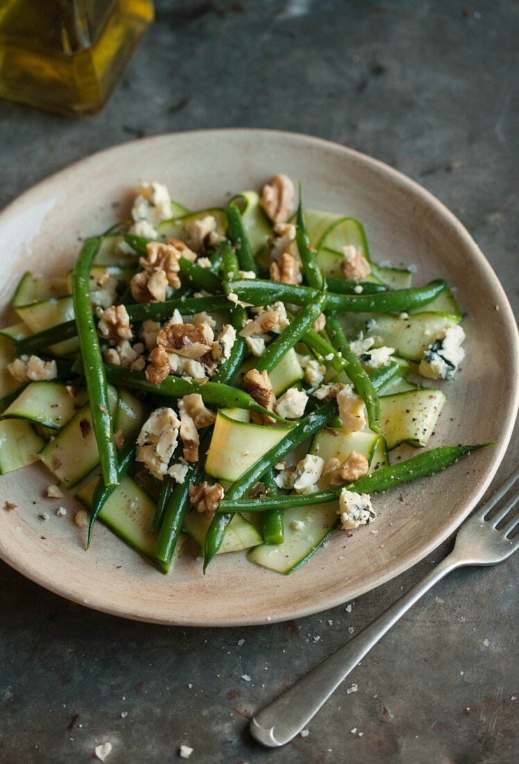 Cucumber and bean salad with blue cheese and walnuts