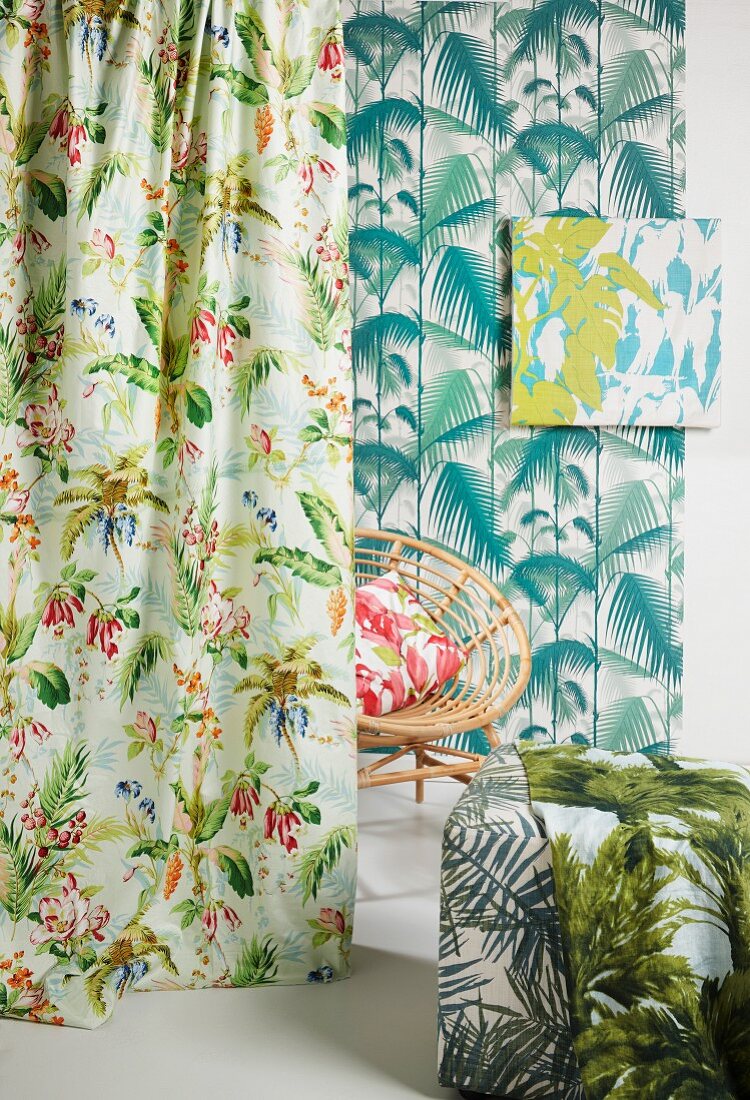 Arrangement of various fabrics with botanical patterns