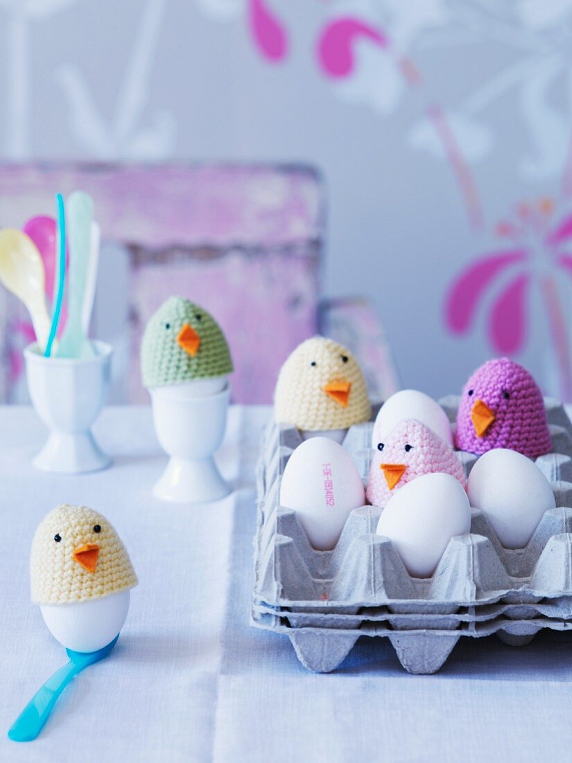 Crocheted chick egg warmers for Easter breakfast