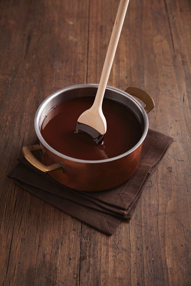 Chocolate in a pan with a wooden spoon