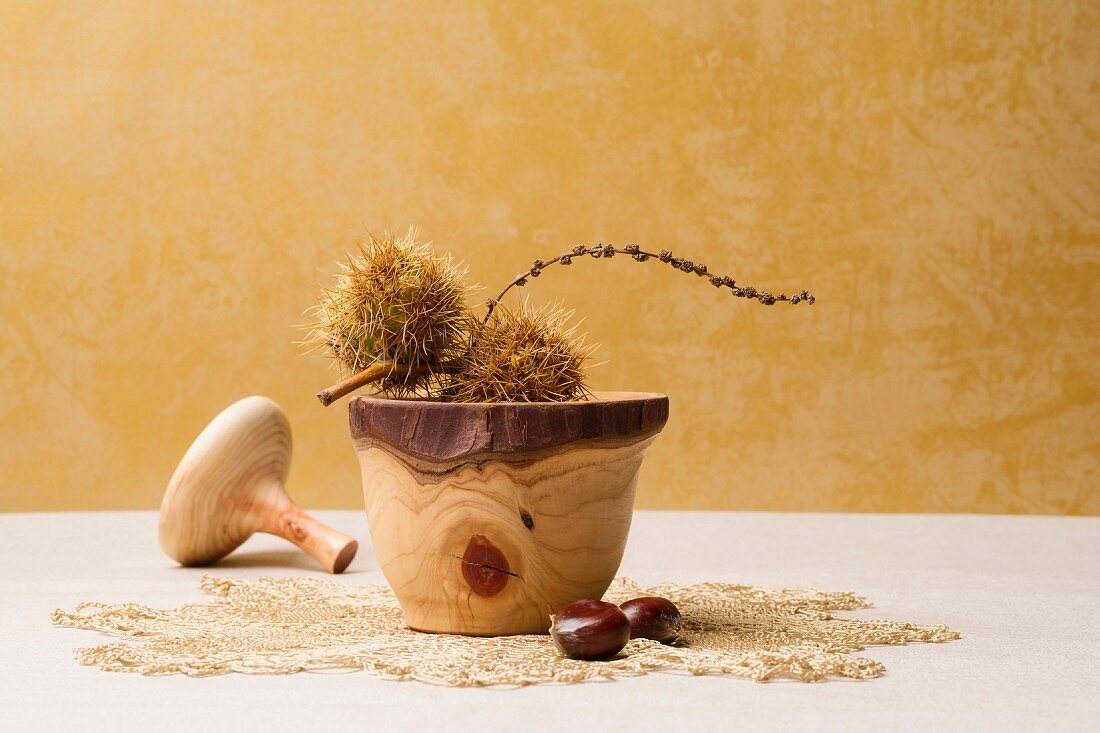 Sweet chestnuts in their casing, in a wooden pot