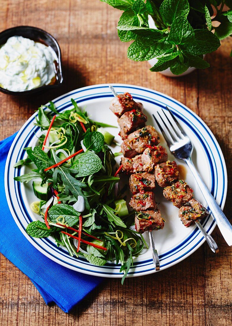 Greek lamb skewers with herbs and tzatziki