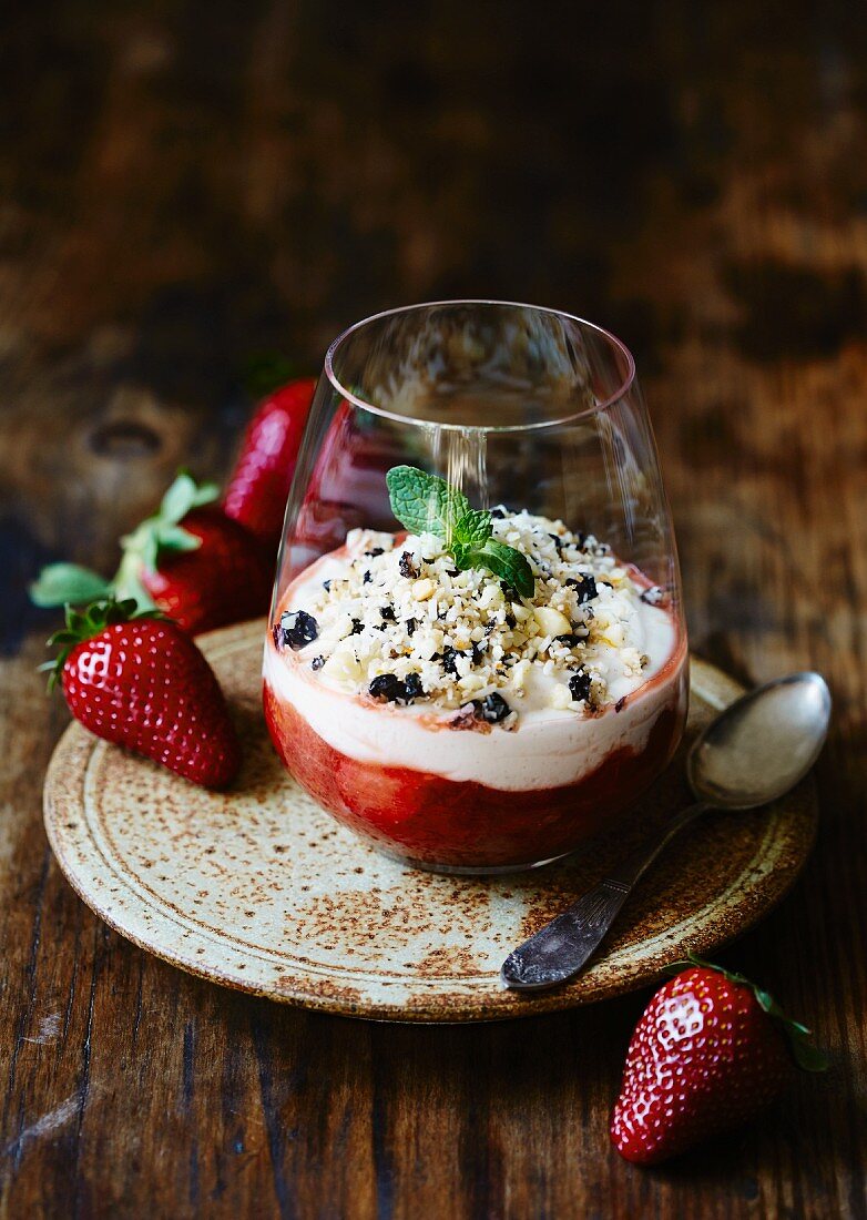 Strawberry and rhubarb dessert in a glass