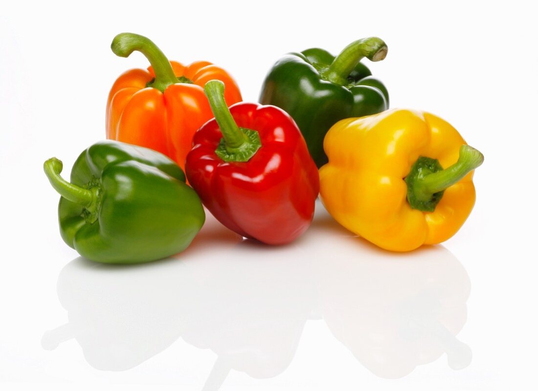 Five peppers (green, red, yellow and orange)