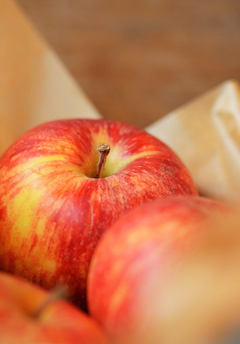 a red apple wrapped in brown wax paper (close up)