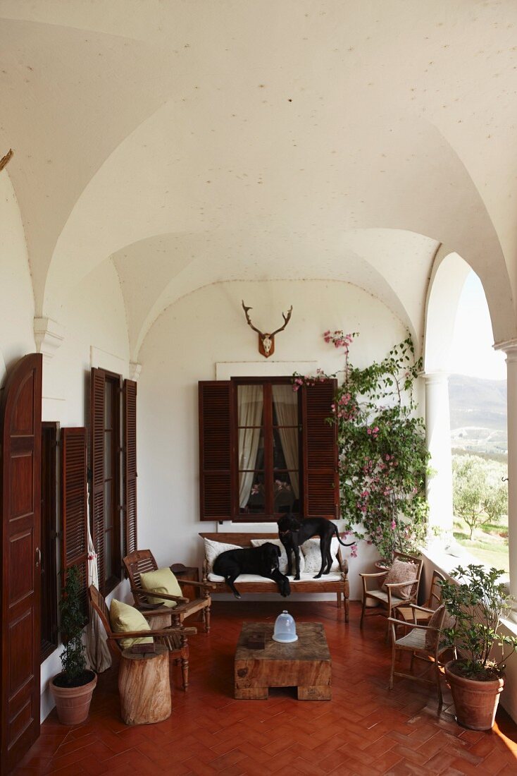 Armchairs and wood block table in spacious loggia with classical groin vaults