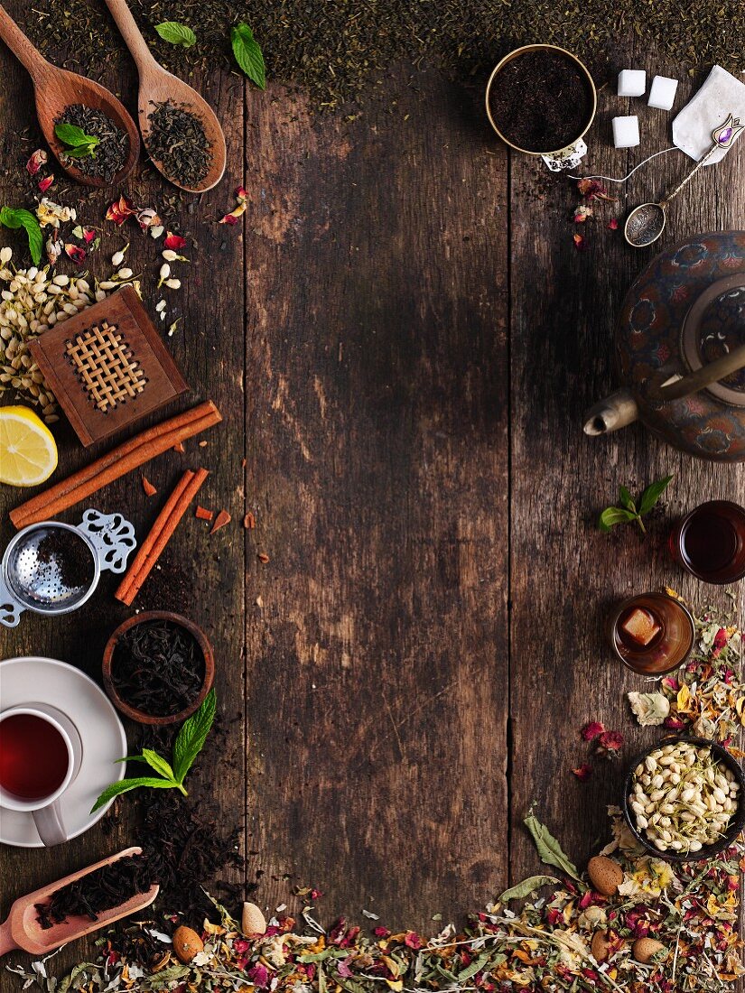 Assorted varieties of tea on a wooden surface