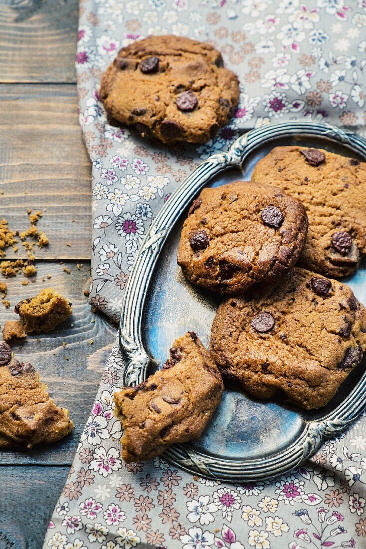 Several chocolate chip cookies on a tray