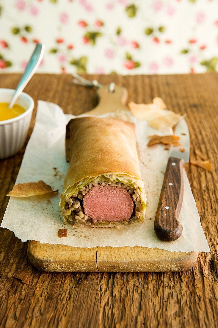 Venison fillet with mushrooms, wrapped in strudel pastry