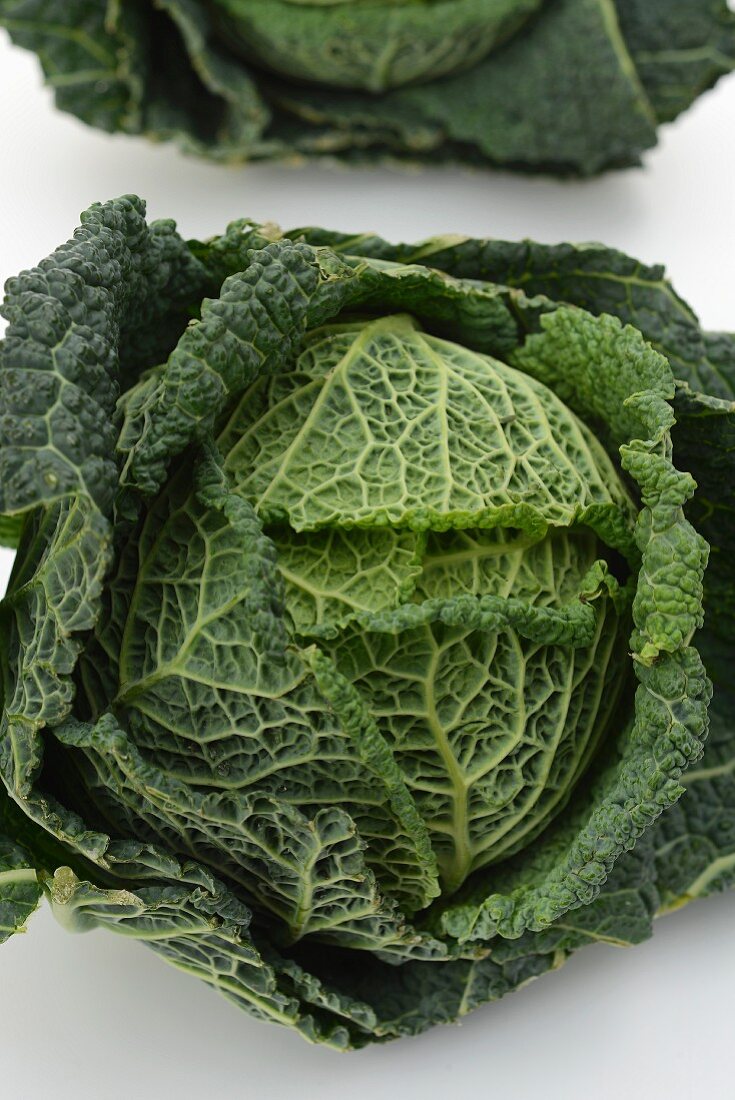 A fresh savoy cabbage, viewed from above