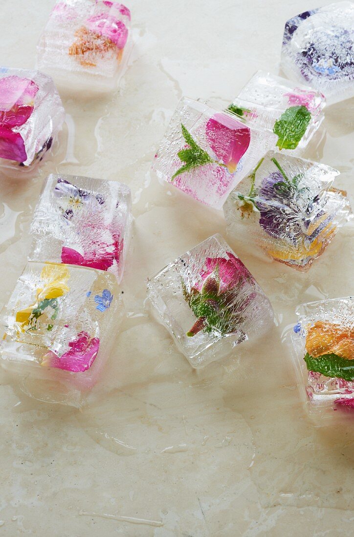 Eiswürfel mit verschiedenen Essblüten