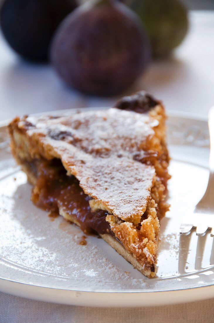 A slice of fig cake with icing sugar