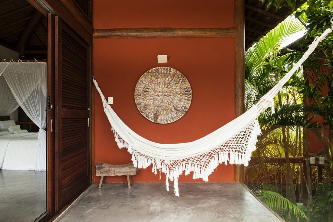 Hammock and view into bedroom of beach house