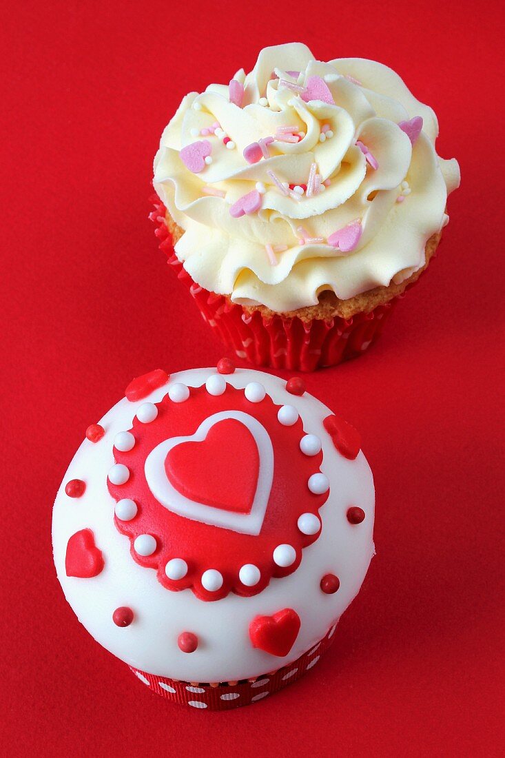 Two cupcakes with hearts for Valentine's Day