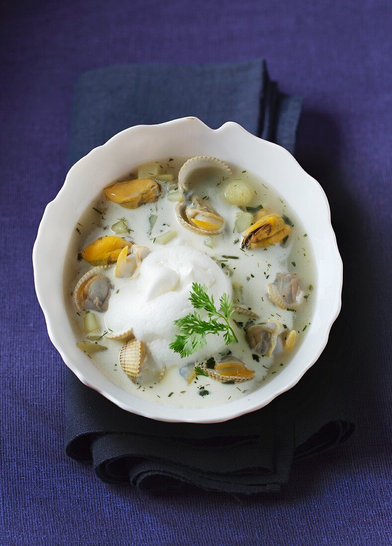 Shellfish soup with a poached meringue