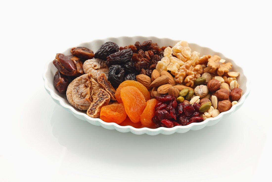 Assorted dried fruit and nuts on a plate