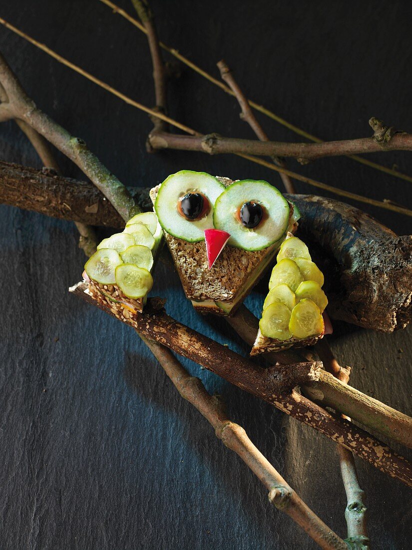 An owl made from wholemeal bread with cucumber