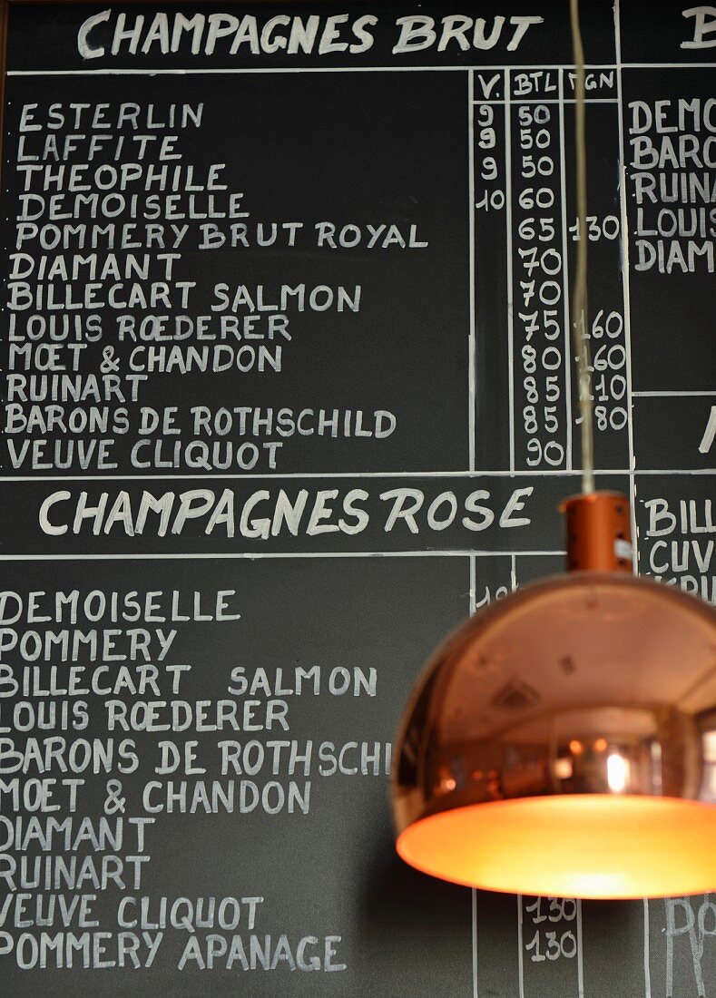 A champagne list in a wine bar