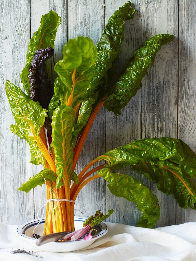 Yellow chard, tied in a bunch, in front of a wooden wall