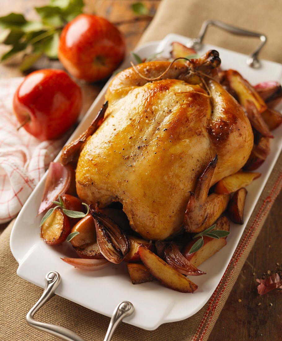 Whole Roast Chicken with Onion and Potato on a White Platter