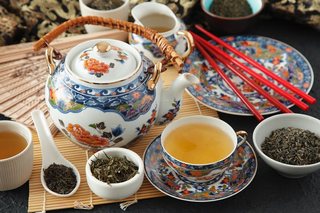 A still life featuring green tea (teapot, cups, tea leaves)
