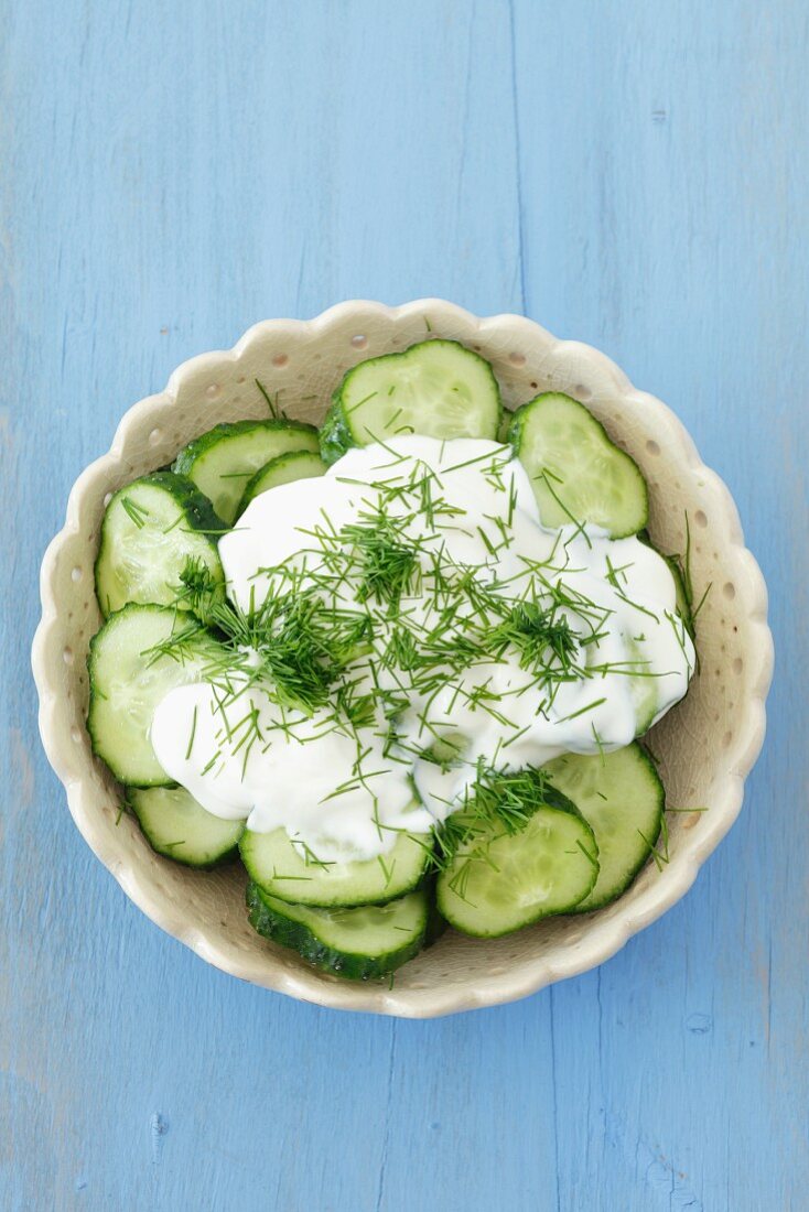 Cucumber salad with yoghurt and dill (view from above)