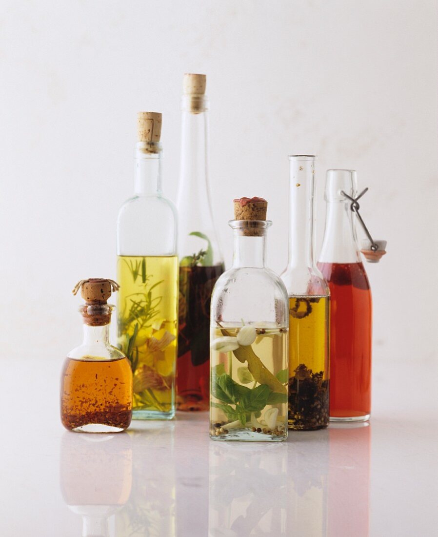 Various flavoured oils in bottles