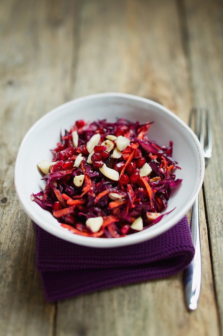 Red cabbage salad with pomegranate and Brazil nuts