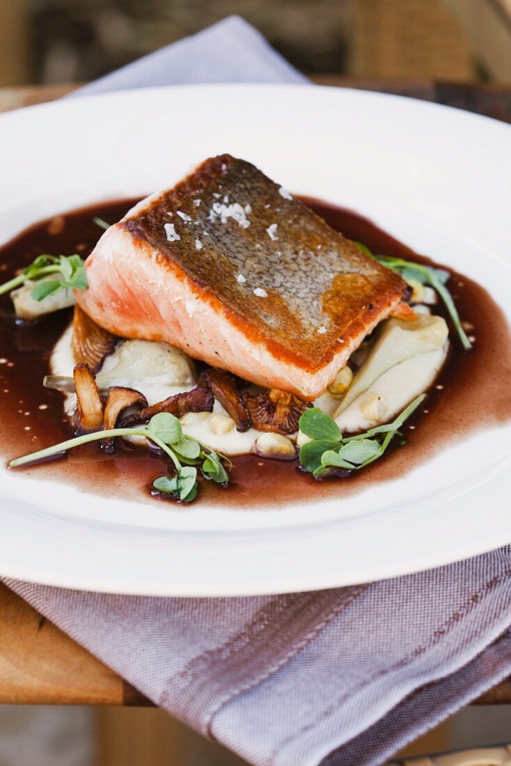 Artic Char with Mushrooms and Mashed Potatoes and a Reduced Sauce