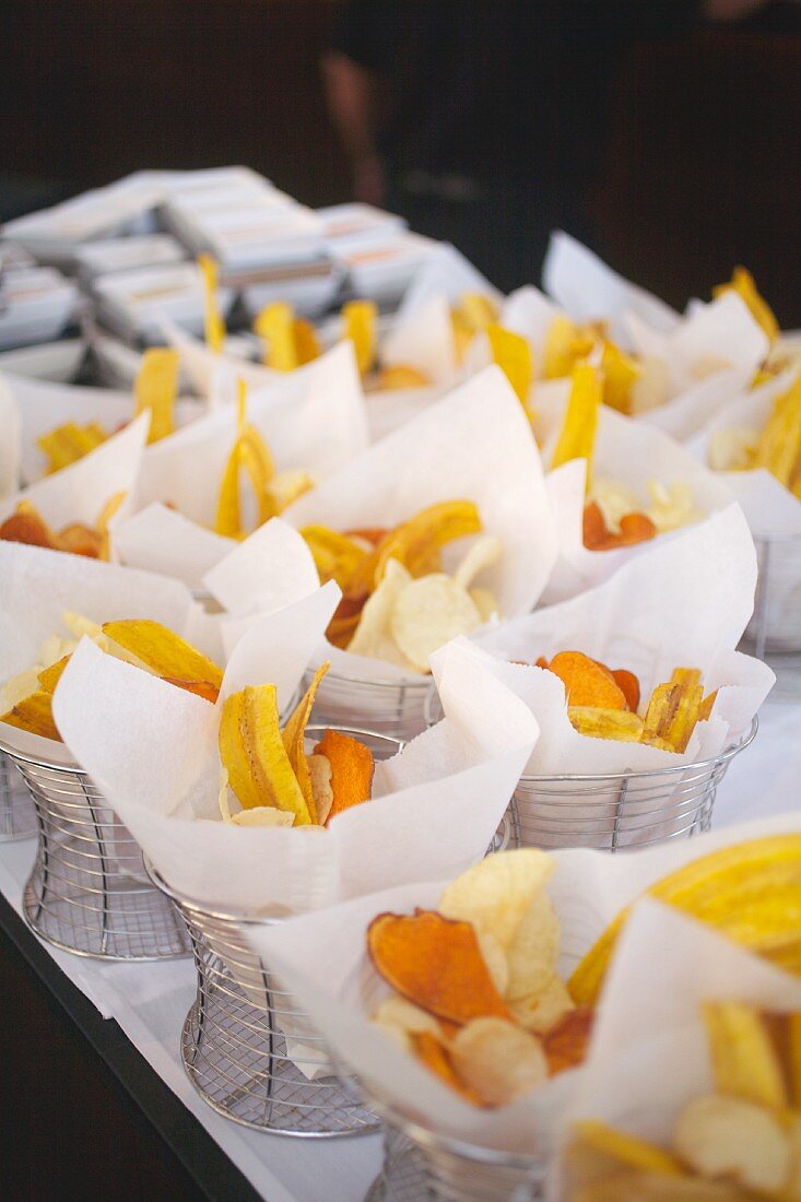 Fried Plantain Chips in Wire Baskets