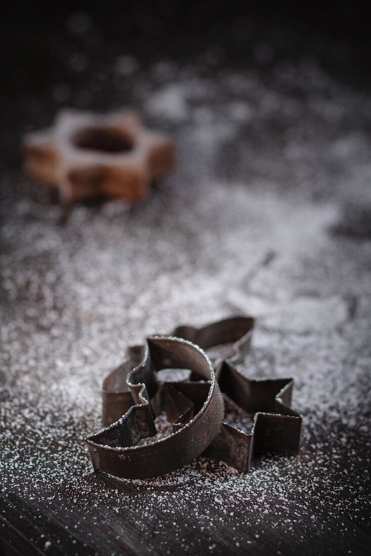 Antique Christmas cookie cutters in front of a Christmas cookie