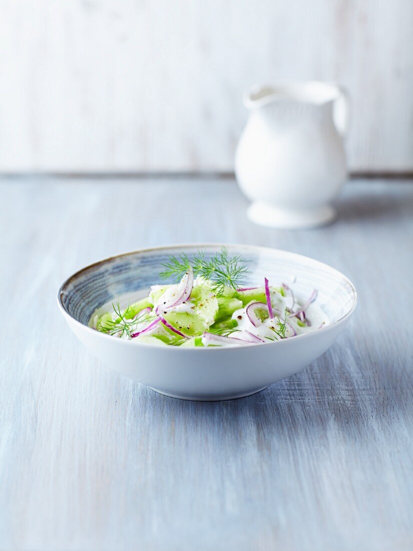 Gurkensalat mit Zwiebeln, Sauerrahm und frischem Dill (Polen)