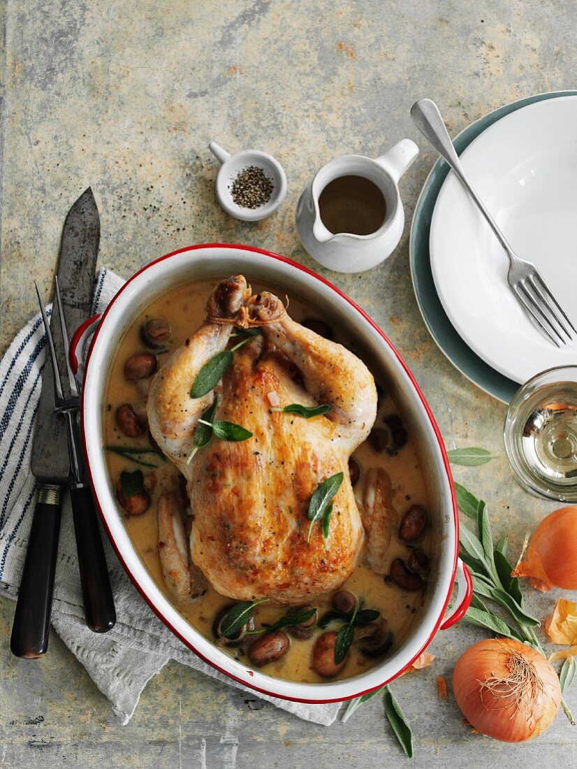 Roast chicken with sage and bacon in cream sauce