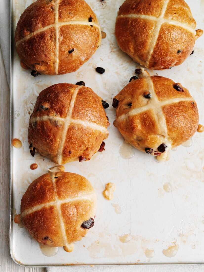 Hot cross buns on a baking sheet