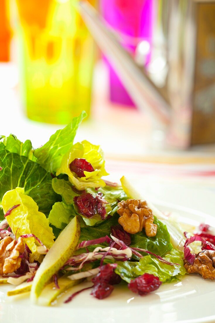 Romaine salad with red cabbage, pears, dried cranberries and walnuts