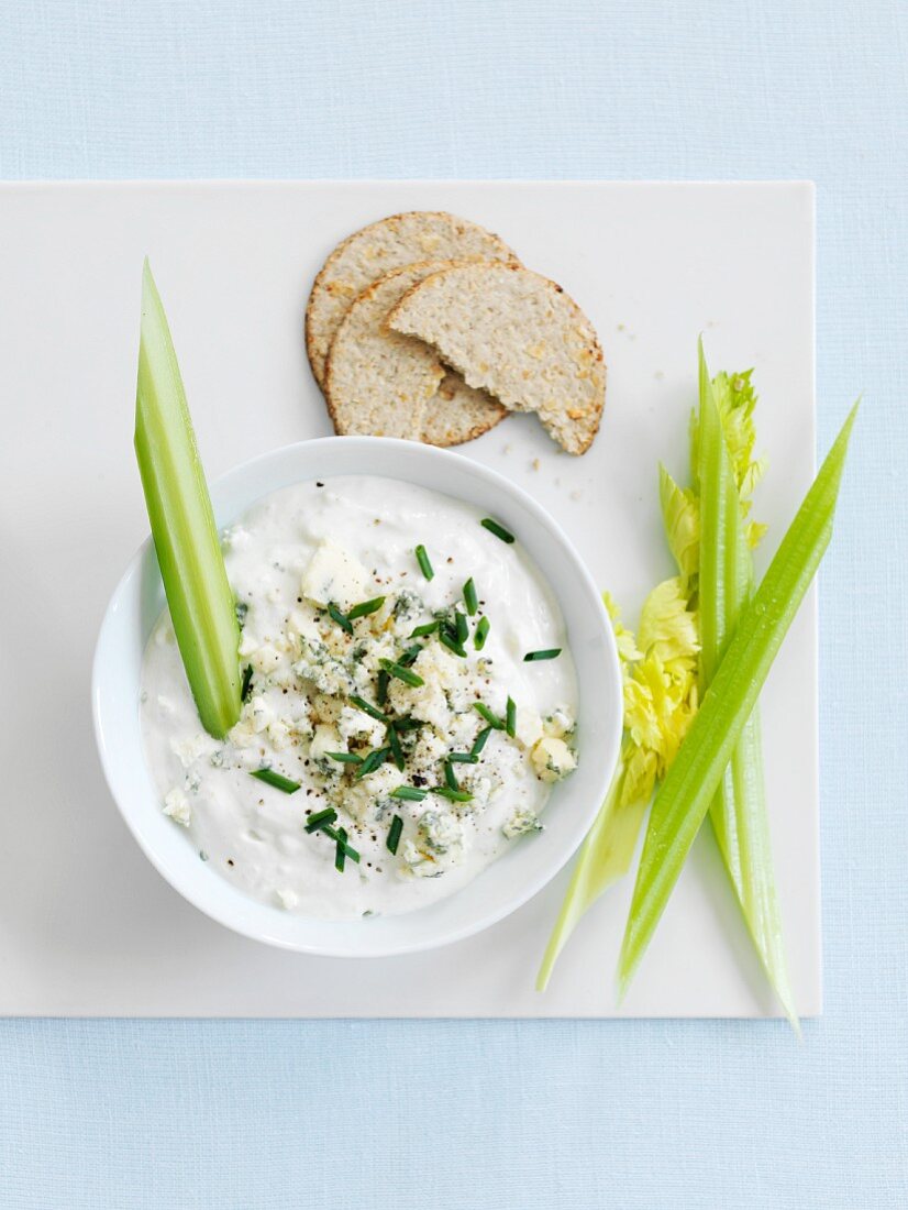 Blue Cheese Dip with Crackers and Celery