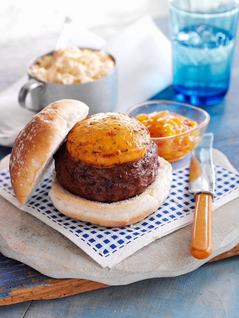 Burger with Sweetcorn Relish and Coleslaw