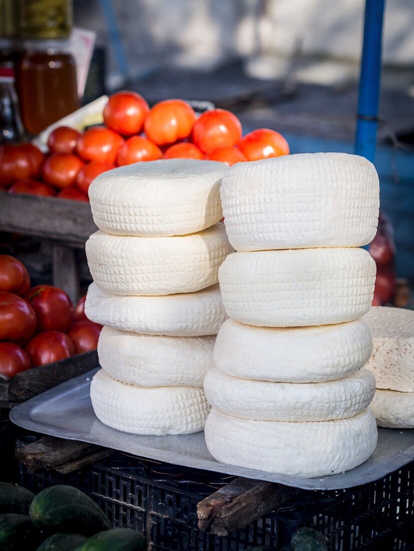 Traditional Georgian imeruli cheese sold on a local market.