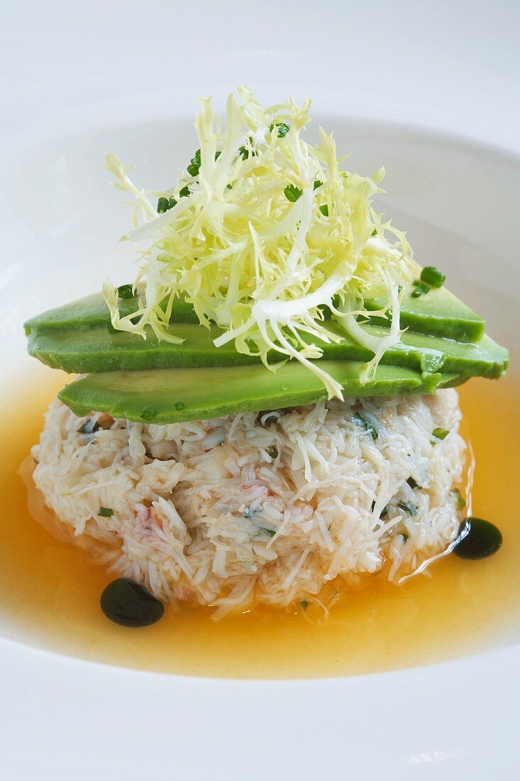 Peeky Toe Crab Salad in a Mango Sauce with Avocado, Shredded Endive and Mint Oil