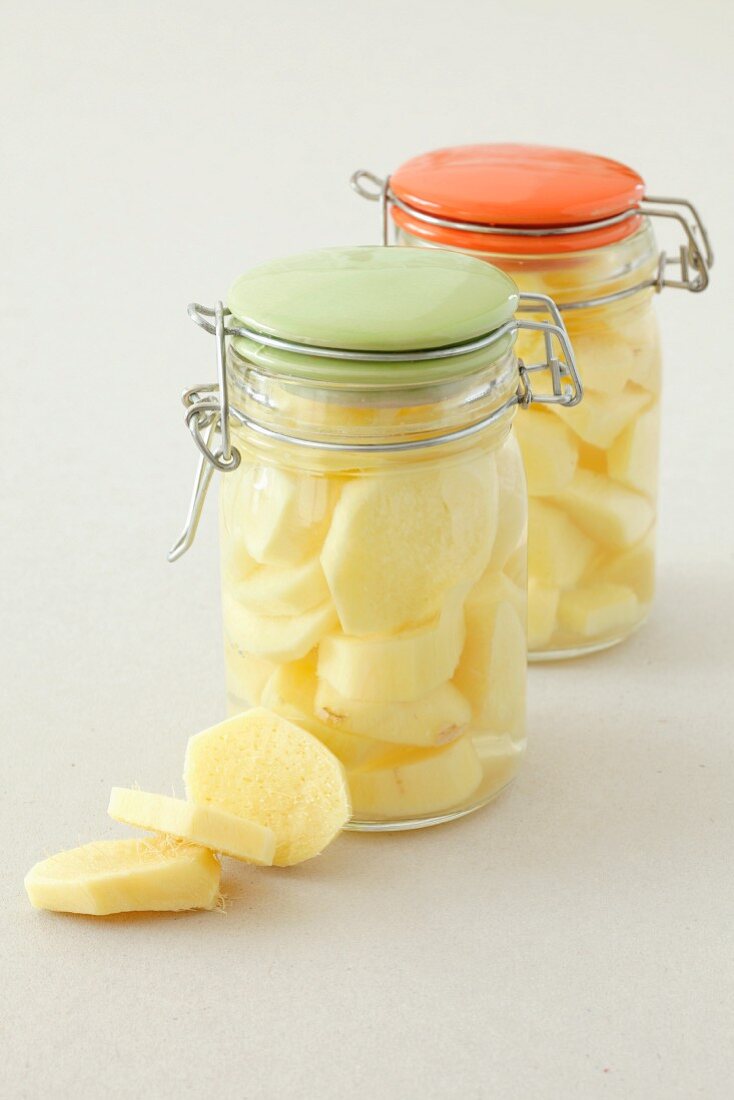 Pickled ginger in storage jars