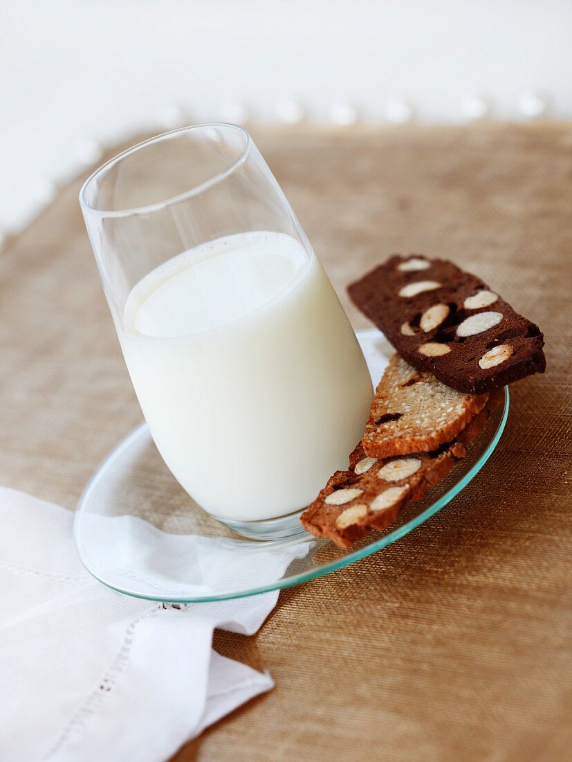 A glass of milk and slices of sweet almond toasts